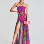 Printed Strapless Slit Maxi Dress