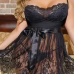 Plus Size Lace Babydoll Lingerie with Satin Bow - Black