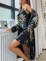 Sexy Floral Print Satin Robe Set Two Pieces - Image 11