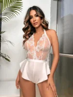 Sexy Backless Lace & Satin Halter Bodysuit | Open Crotch Teddy Lingerie for Women