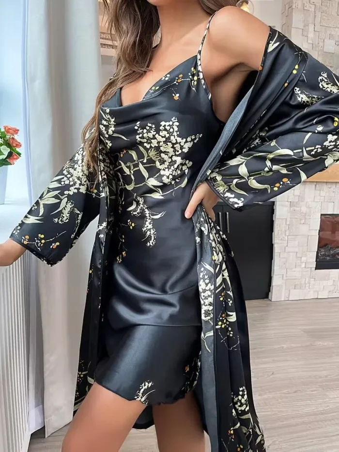 Sexy Floral Print Satin Robe Set Two Pieces - Image 12