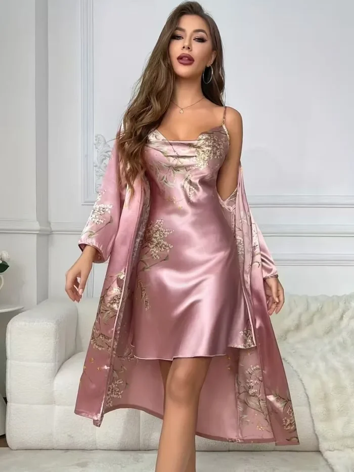 Sexy Floral Print Satin Robe Set Two Pieces - Image 22