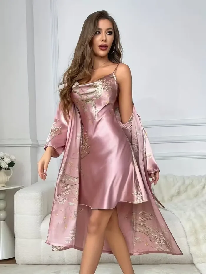 Sexy Floral Print Satin Robe Set Two Pieces - Image 24