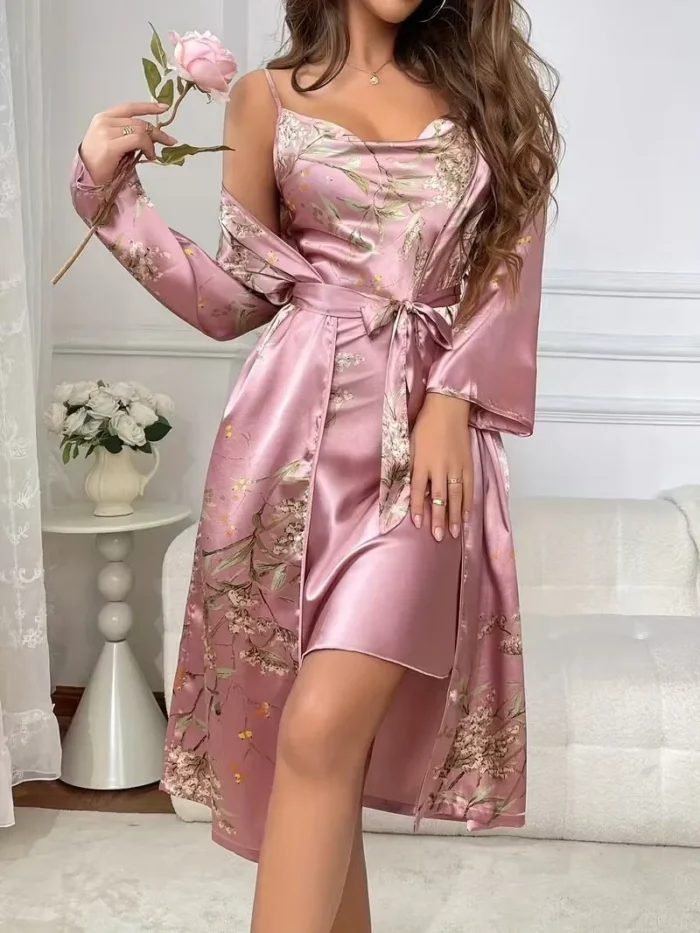 Sexy Floral Print Satin Robe Set Two Pieces - Image 26