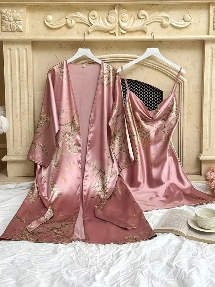 Sexy Floral Print Satin Robe Set Two Pieces - Image 27