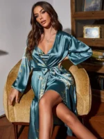 Sexy Floral Print Satin Robe Set Two Pieces - Image 5