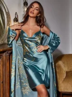 Sexy Floral Print Satin Robe Set Two Pieces - Image 6