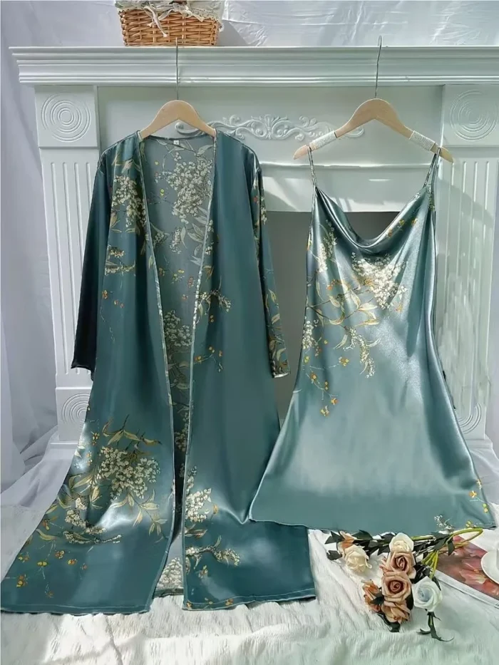 Sexy Floral Print Satin Robe Set Two Pieces - Image 8