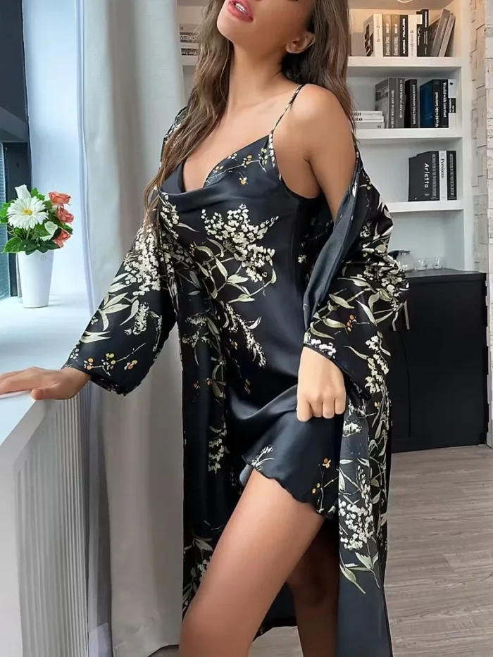 Sexy Floral Print Satin Robe Set Two Pieces - Image 10