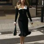 Vintage-Inspired Ribbed Midi Dress with Ruffled Collar and Cuffs