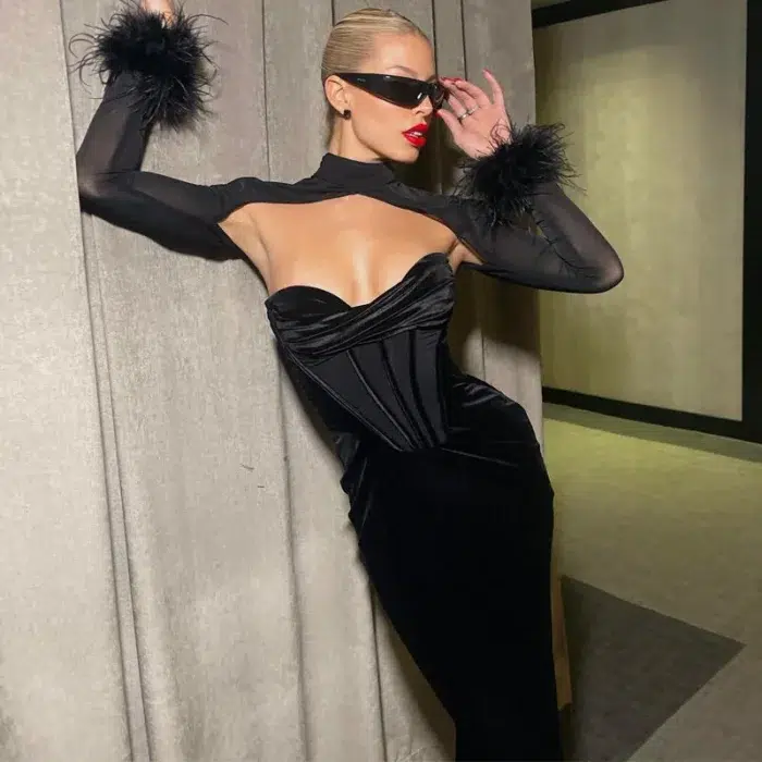 Elegant Black Velvet Cutout Evening Gown – Feather Cuff Detail - Image 1