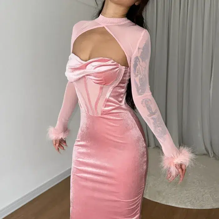 Elegant Black Velvet Cutout Evening Gown – Feather Cuff Detail - Image 18