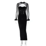 Elegant Black Velvet Cutout Evening Gown – Feather Cuff Detail - Image 9