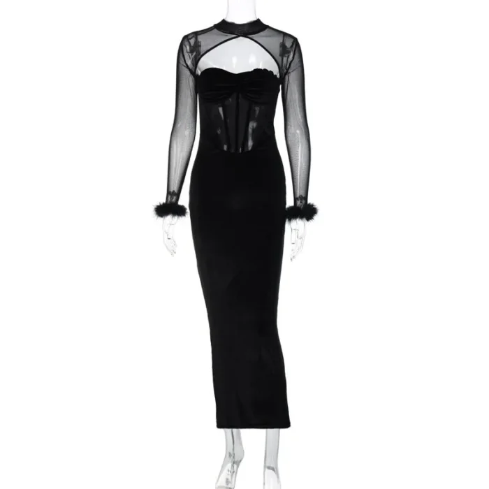 Elegant Black Velvet Cutout Evening Gown – Feather Cuff Detail - Image 9