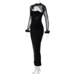 Elegant Black Velvet Cutout Evening Gown – Feather Cuff Detail - Image 10