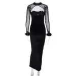 Elegant Black Velvet Cutout Evening Gown – Feather Cuff Detail - Image 11