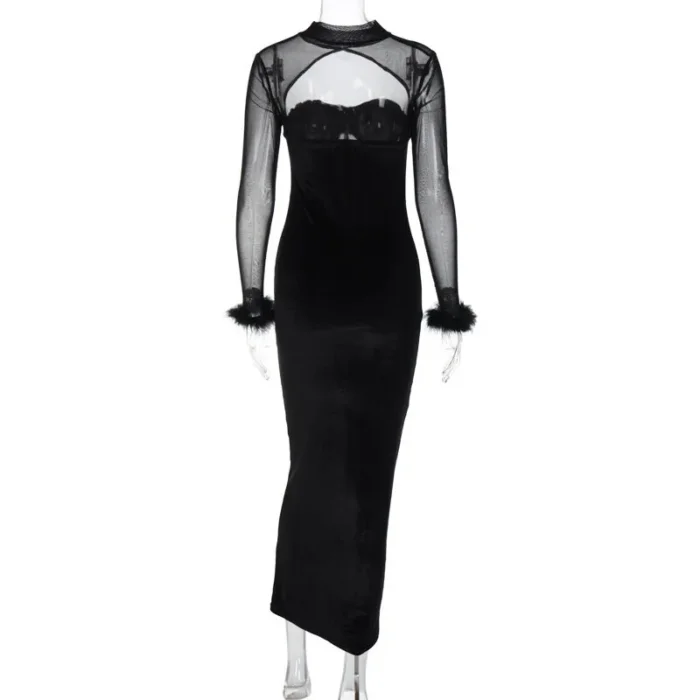 Elegant Black Velvet Cutout Evening Gown – Feather Cuff Detail - Image 11