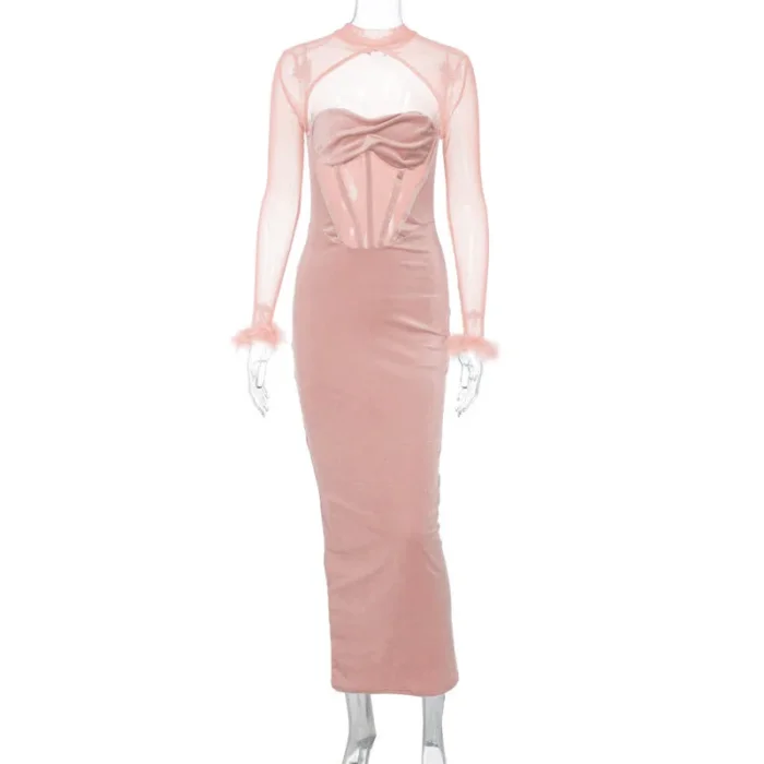 Elegant Black Velvet Cutout Evening Gown – Feather Cuff Detail - Image 23