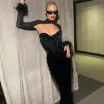 Elegant Black Velvet Cutout Evening Gown – Feather Cuff Detail - Image 2