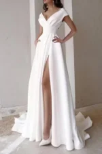 Elegant V-Neck Cap Sleeve High-Slit White Maxi Dress-1
