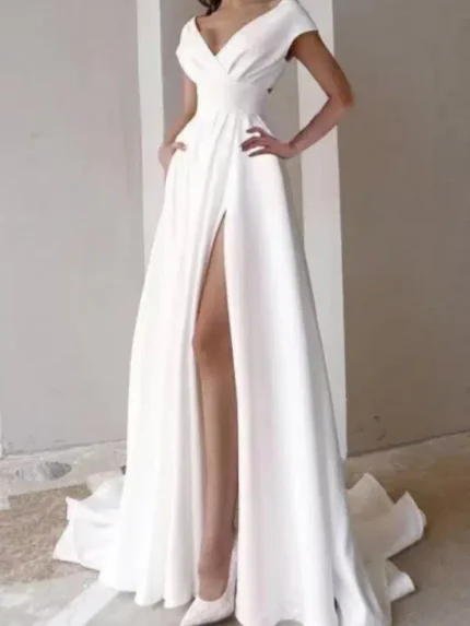 Elegant V-Neck Cap Sleeve High-Slit White Maxi Dress-1