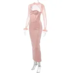 Elegant Black Velvet Cutout Evening Gown – Feather Cuff Detail - Image 24