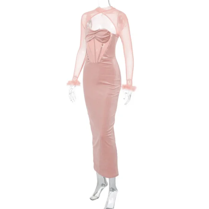 Elegant Black Velvet Cutout Evening Gown – Feather Cuff Detail - Image 24