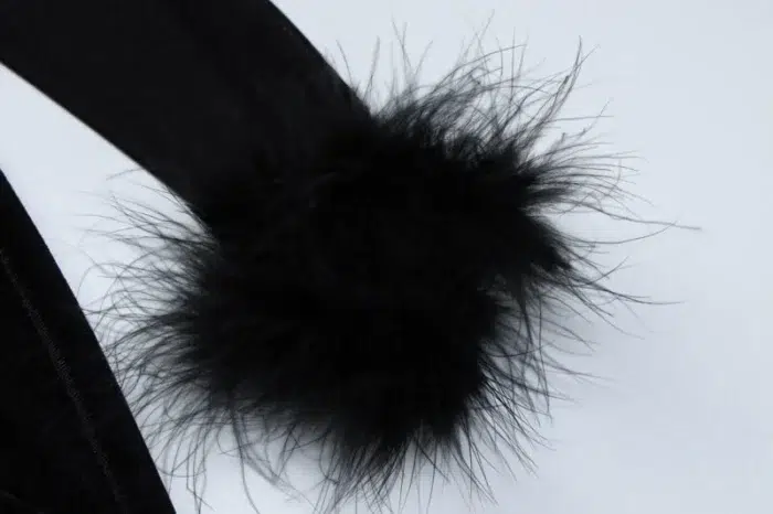 Elegant Black Velvet Cutout Evening Gown – Feather Cuff Detail - Image 13