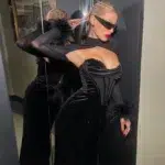 Elegant Black Velvet Cutout Evening Gown – Feather Cuff Detail - Image 3
