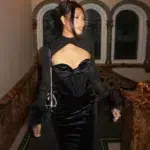 Elegant Black Velvet Cutout Evening Gown – Feather Cuff Detail - Image 8