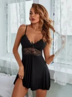 Sheer Lace Hollow Sling Nightdress Babydoll With G-String Sexy Lingerie Set - Image 2