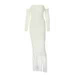 Off-Shoulder Knitted Bodycon Dress with Fringe Hem - Image 11
