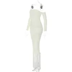 Off-Shoulder Knitted Bodycon Dress with Fringe Hem - Image 9