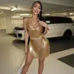 Glamorous Gold Metallic Mini Dress Sparkling Halter Backless Night Out Dress - Image 31