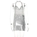 Glamorous Gold Metallic Mini Dress Sparkling Halter Backless Night Out Dress - Image 21