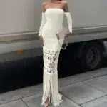 Off-Shoulder Knitted Bodycon Dress with Fringe Hem - Image 2