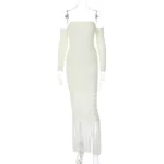 Off-Shoulder Knitted Bodycon Dress with Fringe Hem - Image 8