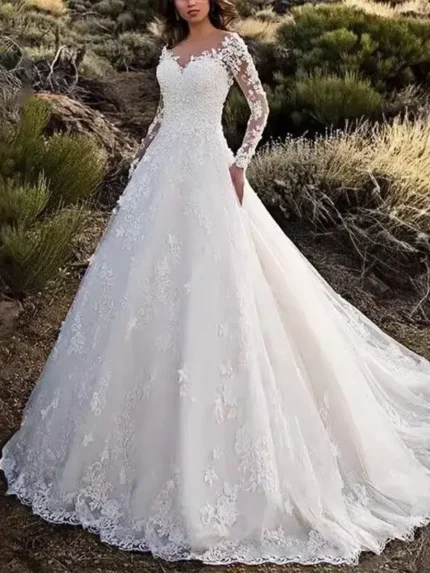 Majestic Open-Back Lace Wedding Gown with Full Train-1