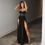 Black Strapless Bustier Gown with High Slits