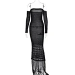 Off-Shoulder Knitted Bodycon Dress with Fringe Hem - Image 16