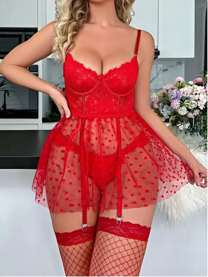 Sheer Mesh Lace Babydoll With Garter Straps & Thong Lingerie Set For Bridal Wedding Honeymoon - Image 5