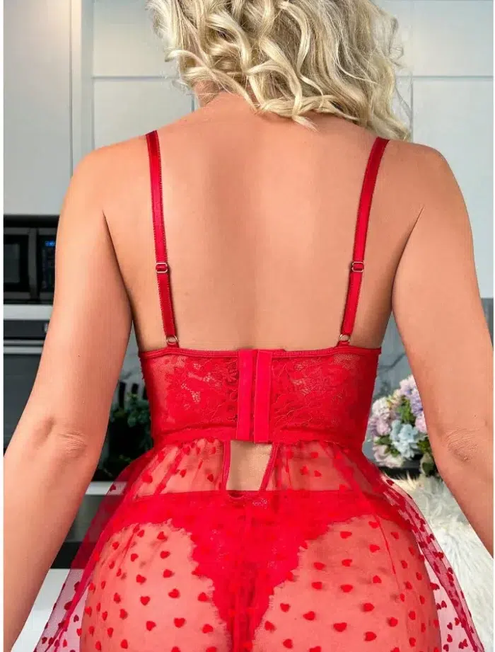 Sheer Mesh Lace Babydoll With Garter Straps & Thong Lingerie Set For Bridal Wedding Honeymoon - Image 6
