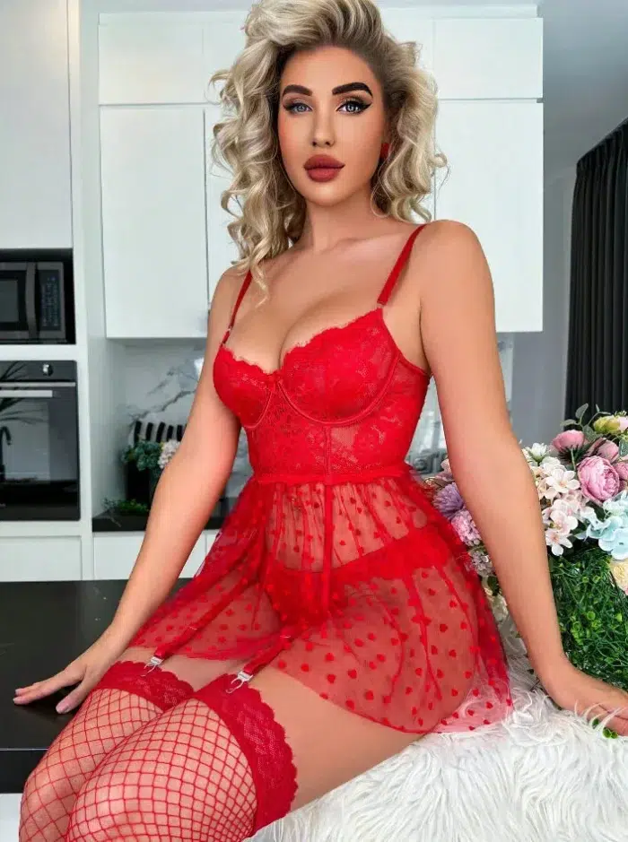 Sheer Mesh Lace Babydoll With Garter Straps & Thong Lingerie Set For Bridal Wedding Honeymoon - Image 8