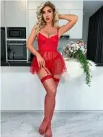 Sheer Mesh Lace Babydoll With Garter Straps & Thong Lingerie Set For Bridal Wedding Honeymoon - Image 9