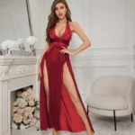 Sexy High Slit Sheer Lace Mesh Halter Neck Babydoll Lingerie Set - Image 18