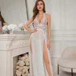 Sexy High Slit Sheer Lace Mesh Halter Neck Babydoll Lingerie Set - Image 6