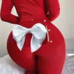 Plunge Long Sleeve Functional Onesie with Playful Bow Back