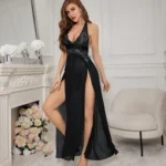 Sexy High Slit Sheer Lace Mesh Halter Neck Babydoll Lingerie Set - Image 12
