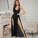 Sexy High Slit Sheer Lace Mesh Halter Neck Babydoll Lingerie Set - Image 13