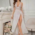 Sexy High Slit Sheer Lace Mesh Halter Neck Babydoll Lingerie Set